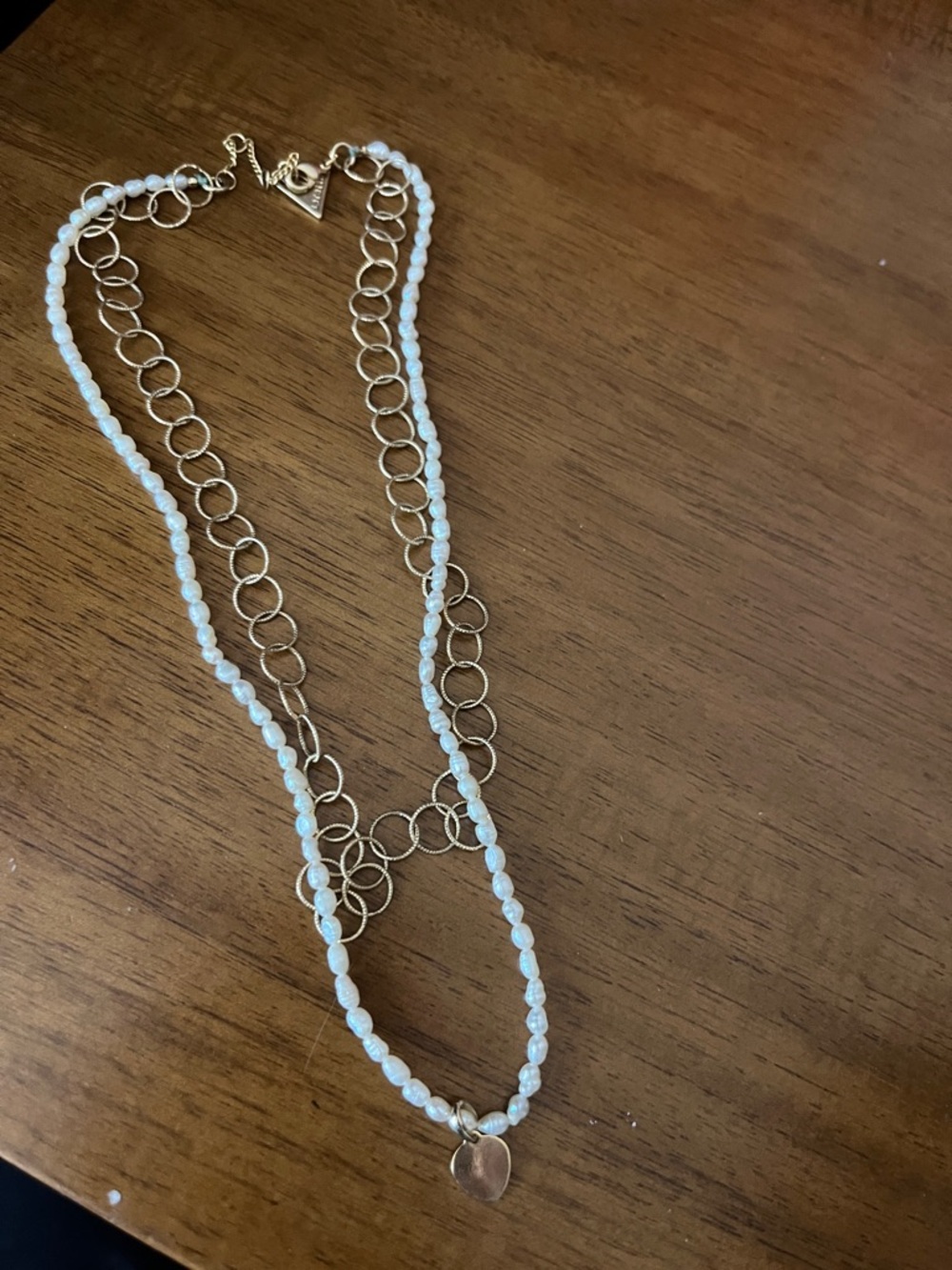 Anthropologie Gold and White Layered Bead Necklace with Heart Charm